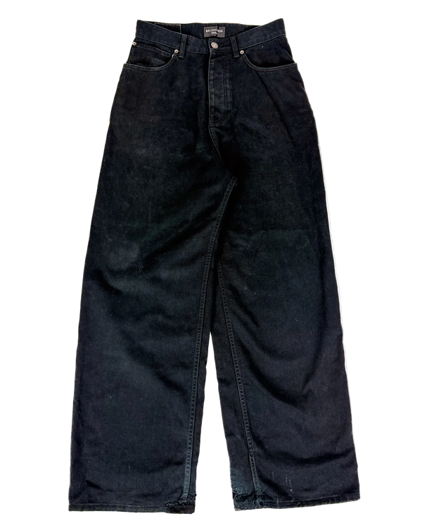 Oversized black jeans with straight wide legs and button fly.
