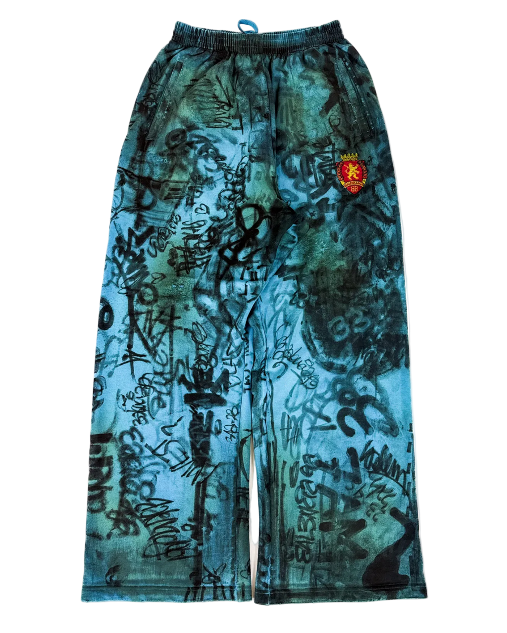Balenciaga Skater graphic sweatpants with elastic waistband, blue-teal allover print