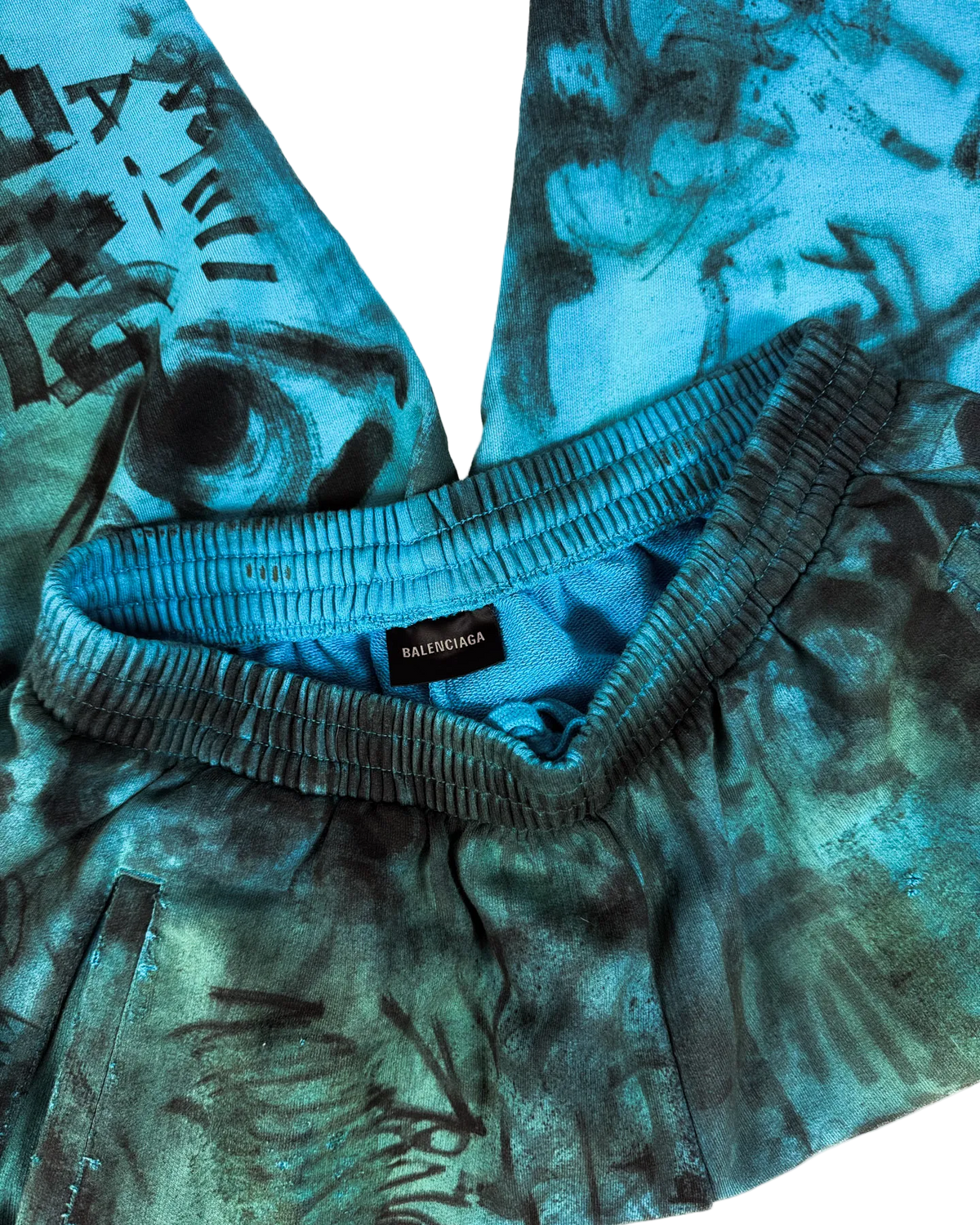Balenciaga Skater waistband detail sweatpants, blue-teal elastic and allover print