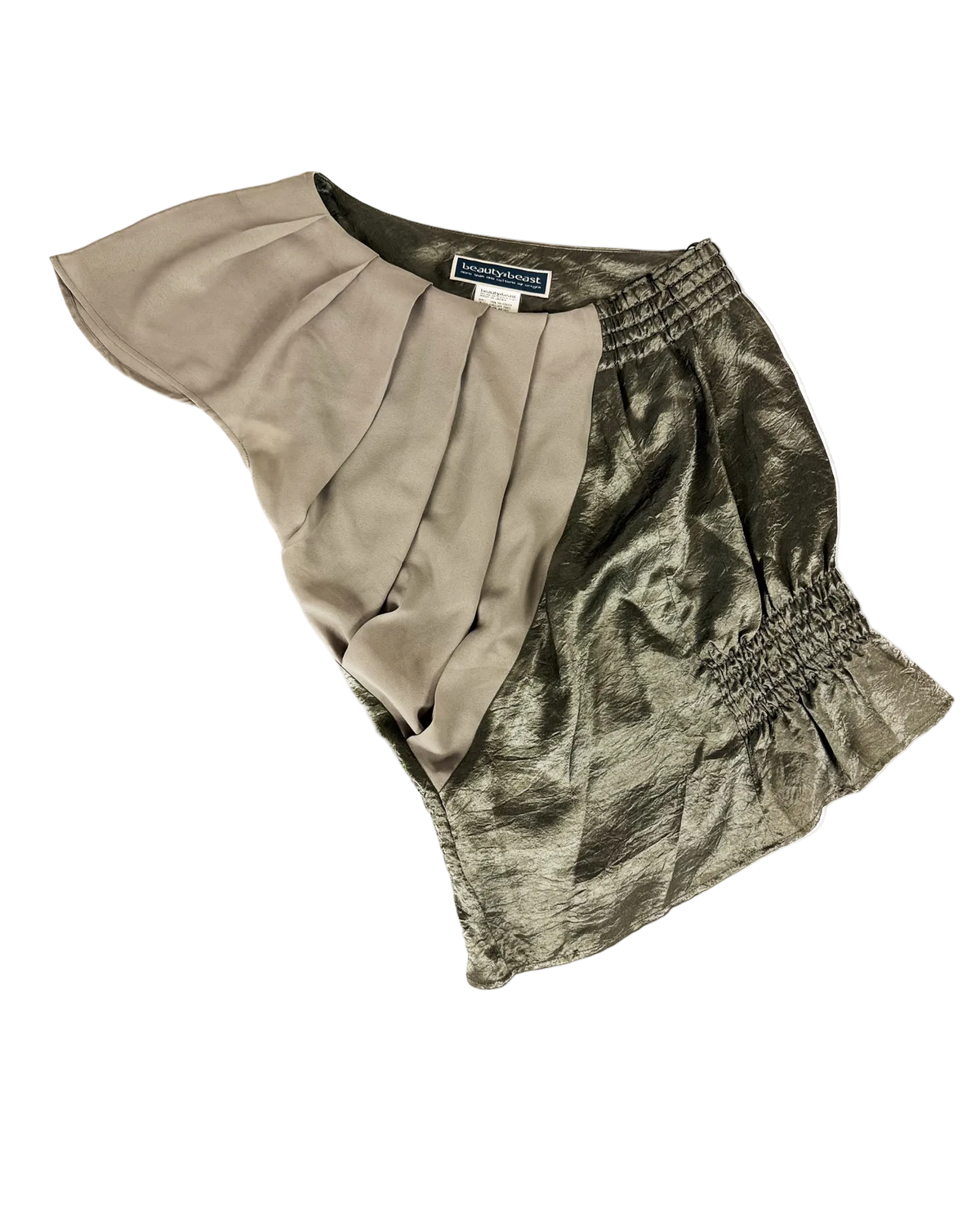 Pleated off-shoulder top with olive metallic body and light taupe draped panel