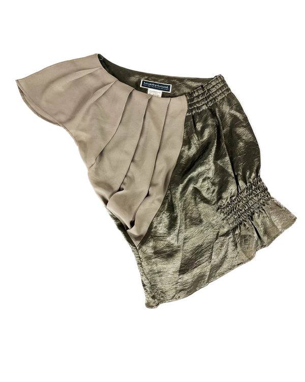 Pleated off-shoulder top with olive metallic body and light taupe draped panel