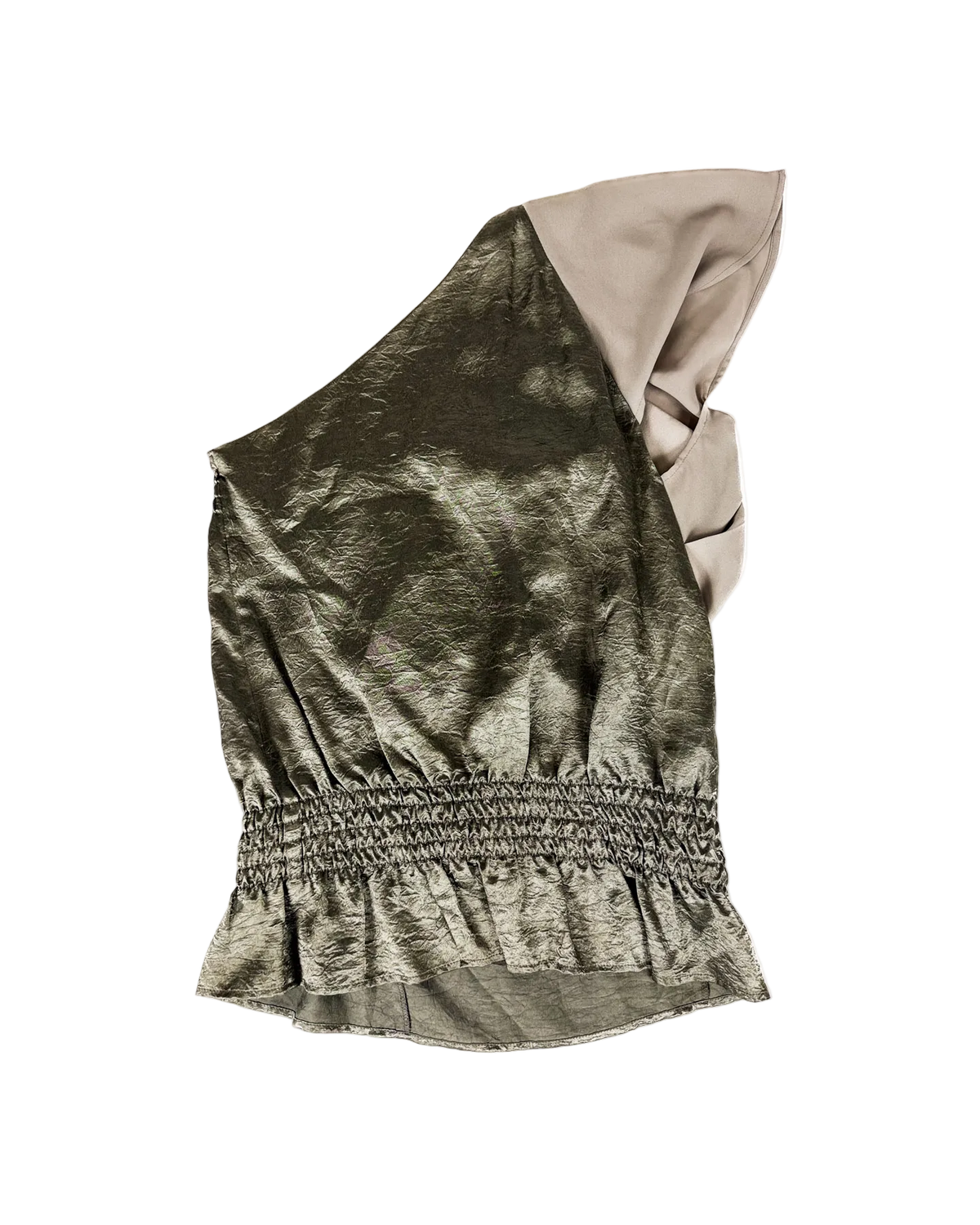 Off-shoulder peplum top with elastic neckline and olive metallic shimmer