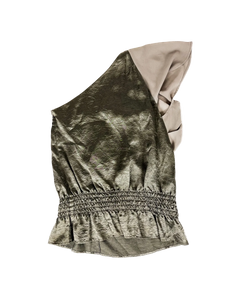 Off-shoulder peplum top with elastic neckline and olive metallic shimmer