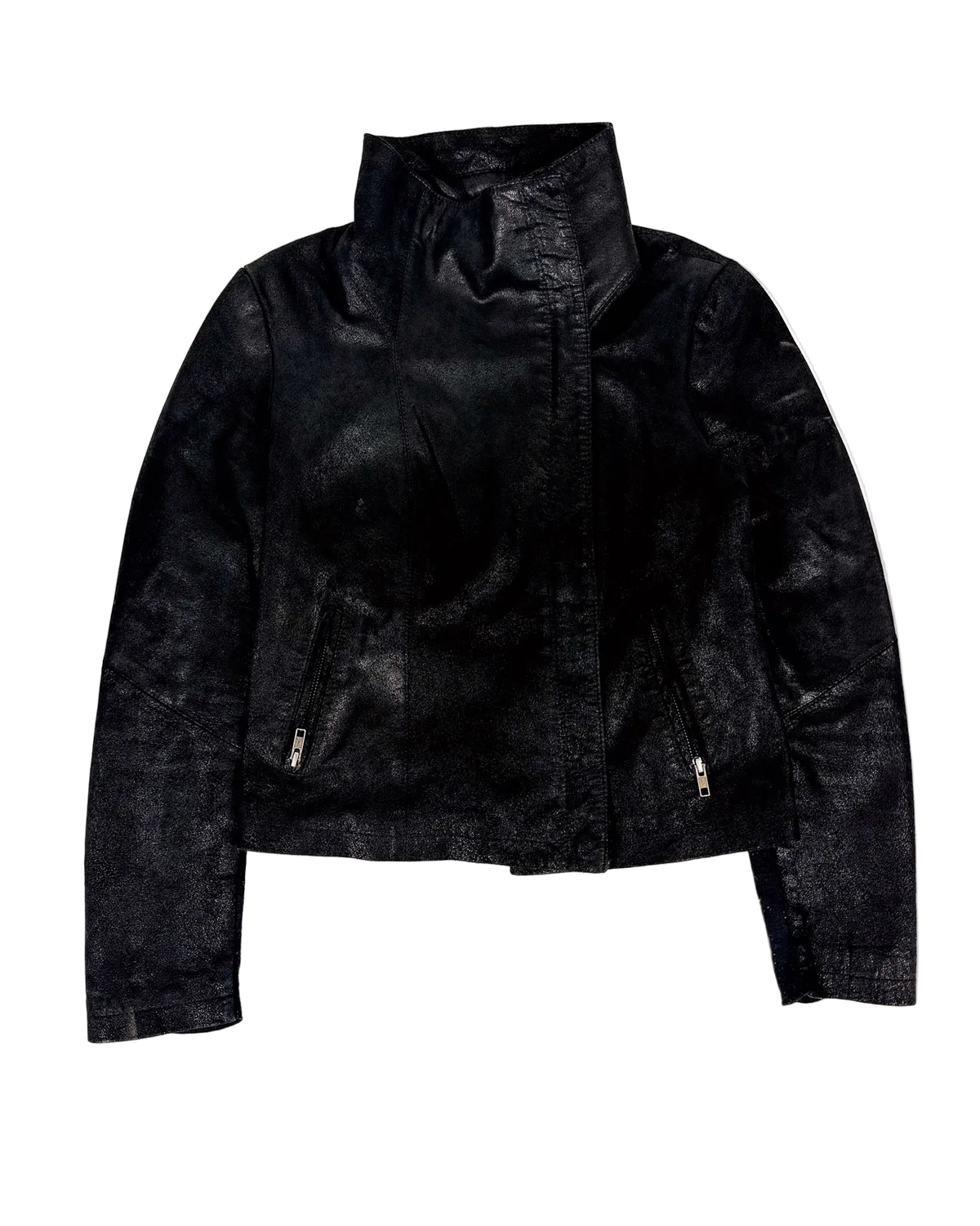 Black leather high-collar cropped jacket, center zip with two side pockets