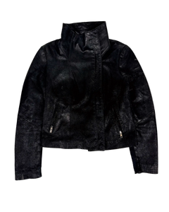 Black leather high-collar cropped jacket, center zip with two side pockets