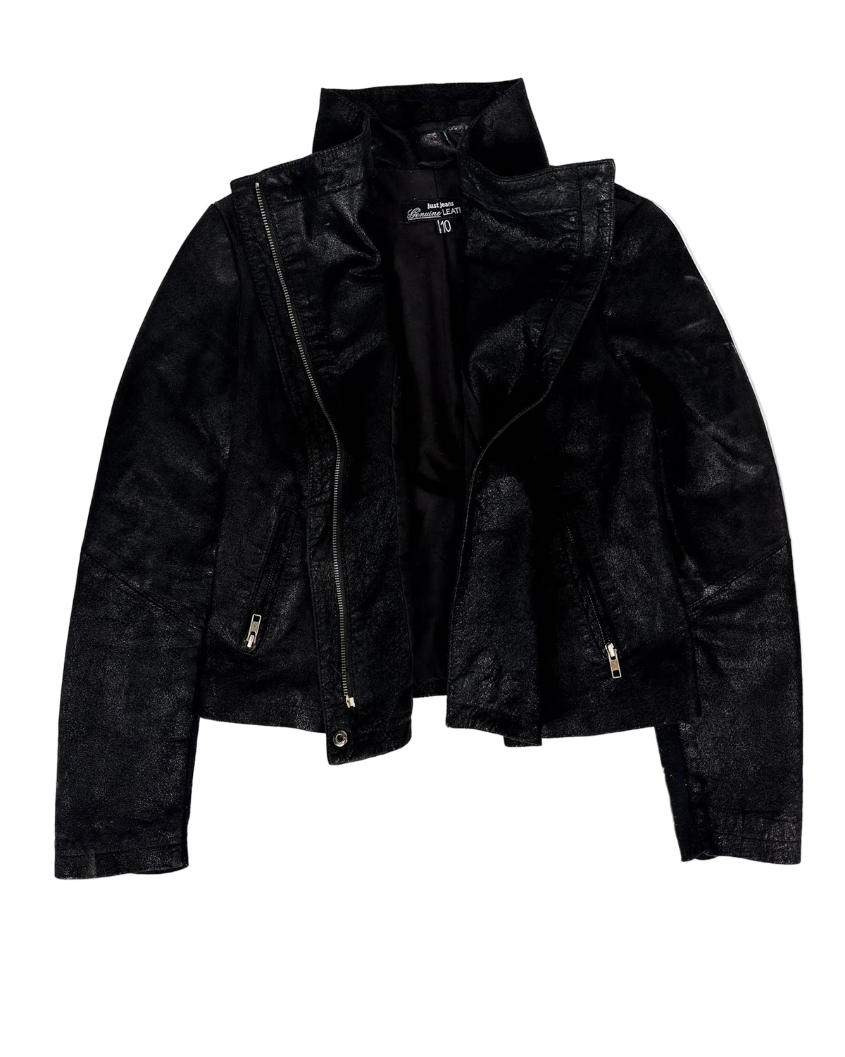 Black leather high-collar biker jacket, center zip and side zip pockets