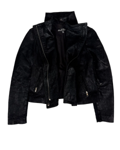 Black leather high-collar biker jacket, center zip and side zip pockets