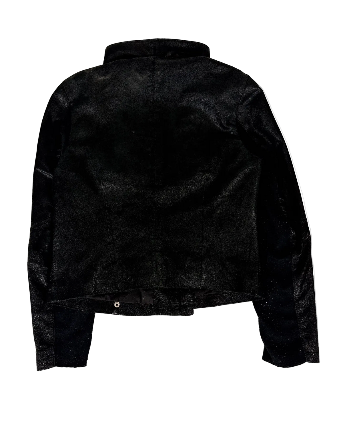 Black leather high-collar jacket, back view