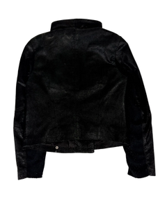 Black leather high-collar jacket, back view