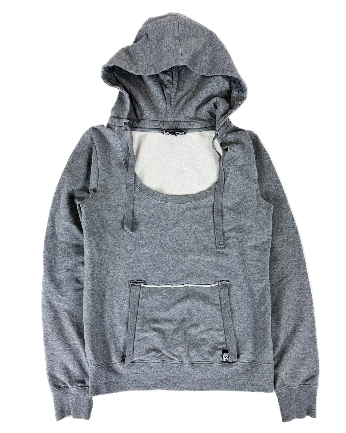 Grey hoodie with hood, scoop neckline, drawcords, kangaroo pocket, long sleeves