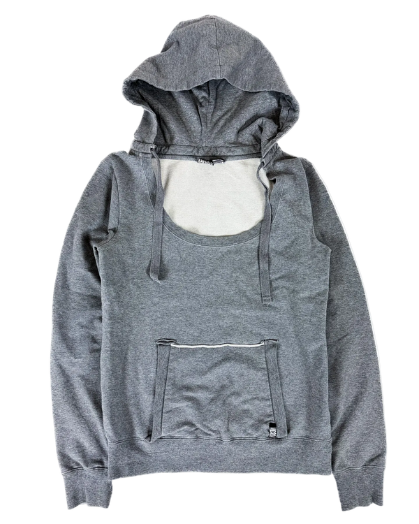 Grey hoodie with hood, scoop neckline, drawcords, kangaroo pocket, long sleeves