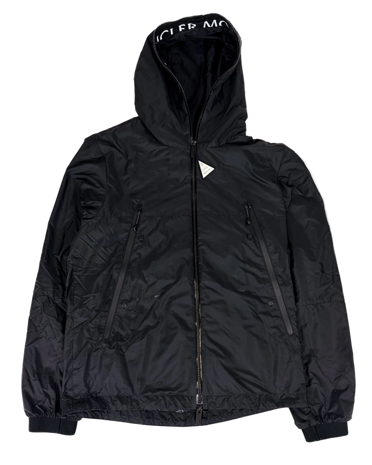 Moncler hooded full-zip jacket, dark black with front zipper and drawcord hem