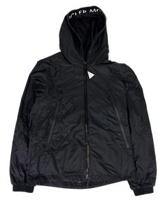 Moncler hooded full-zip jacket, dark black with front zipper and drawcord hem