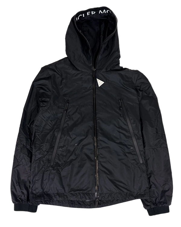 Moncler hooded full-zip jacket, dark black with front zipper and drawcord hem