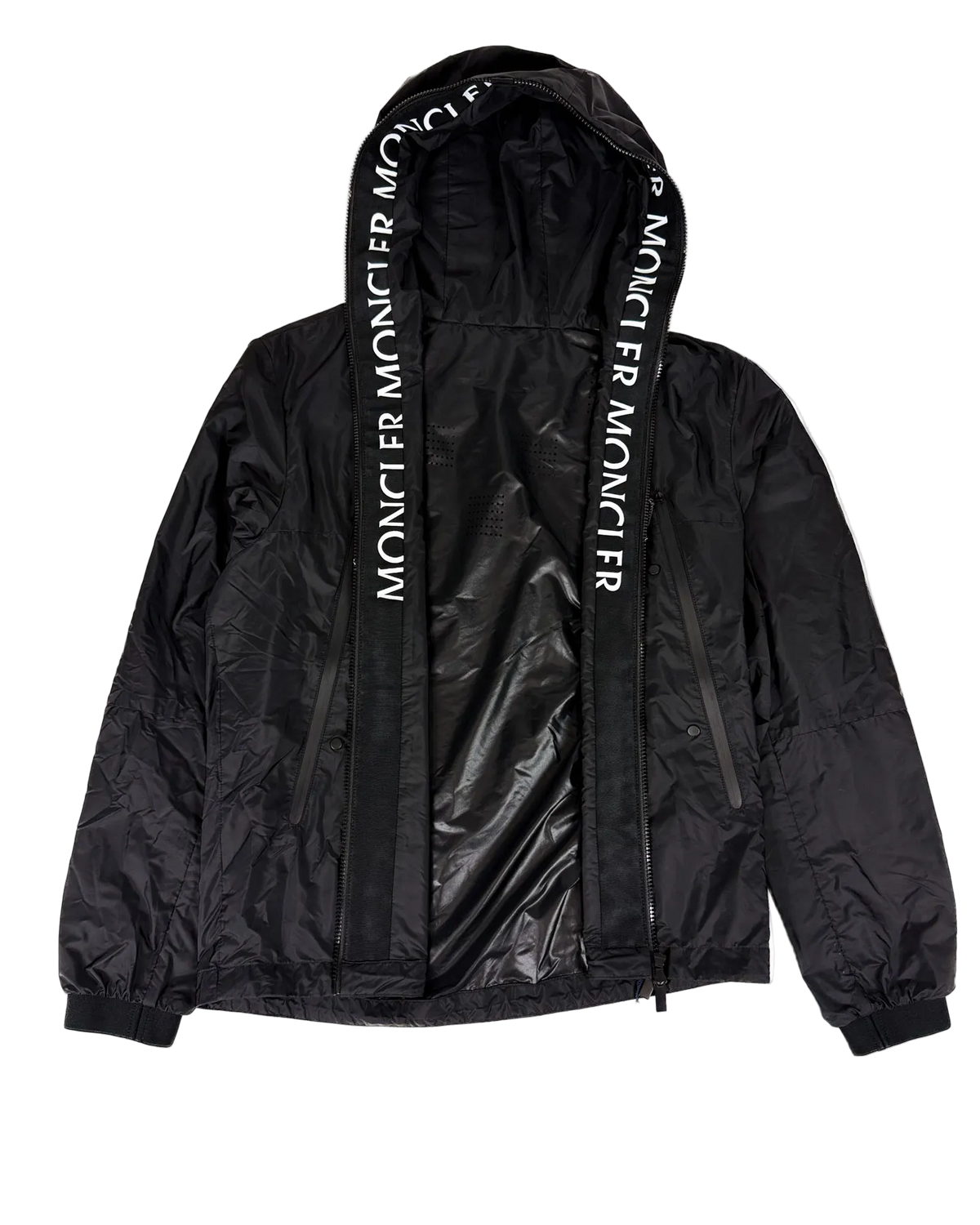 Moncler hooded full-zip jacket, dark black, back view with logo tape