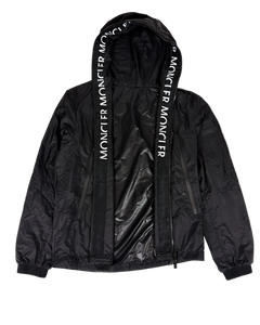 Moncler hooded full-zip jacket, dark black, back view with logo tape