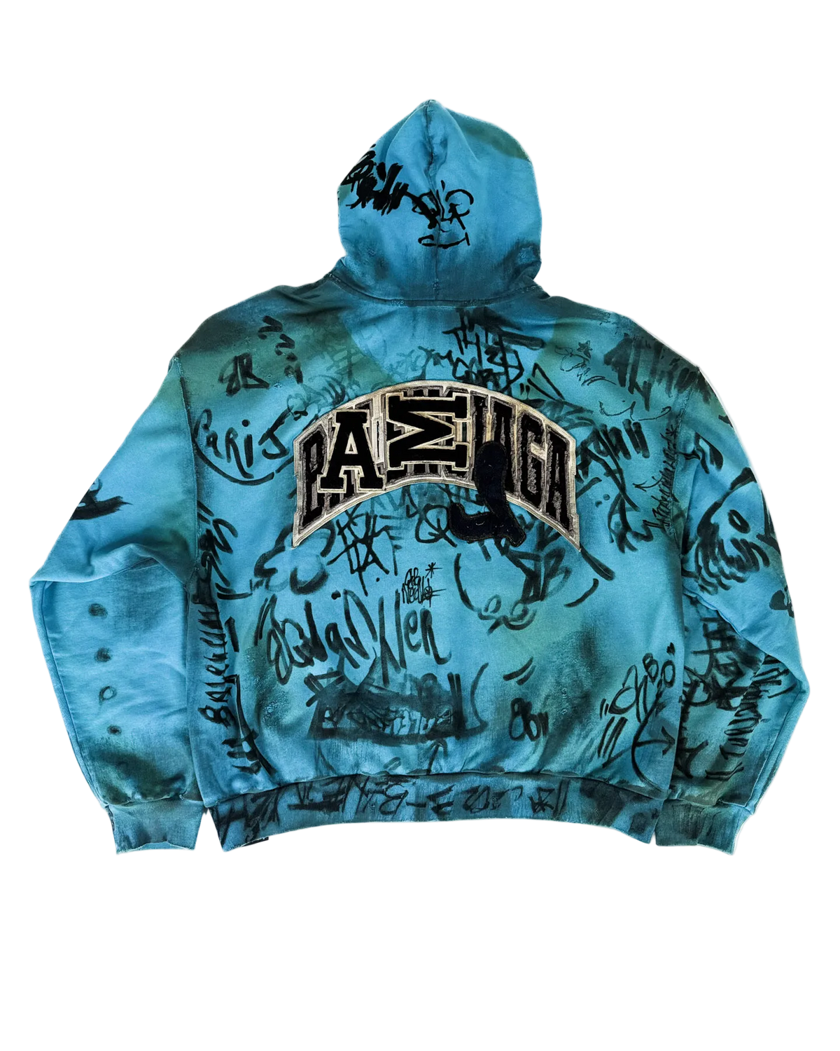 Blue zip-up hoodie with hood, large central logo graphic and scribble pattern