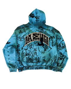 Blue zip-up hoodie with hood, large central logo graphic and scribble pattern