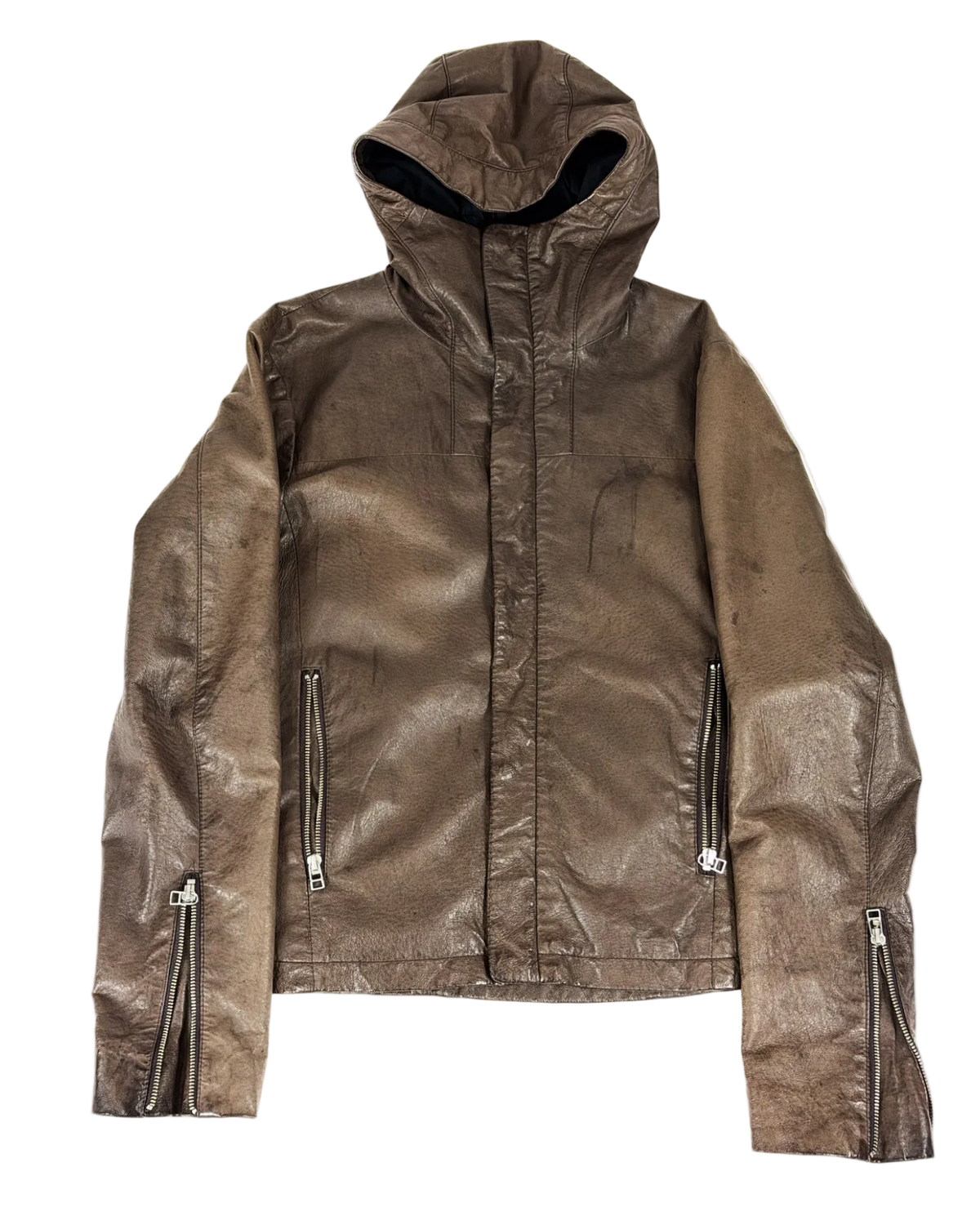Hooded leather zip-up jacket, dark brown front with two side zippers and drawstring