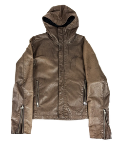 Hooded leather zip-up jacket, dark brown front with two side zippers and drawstring