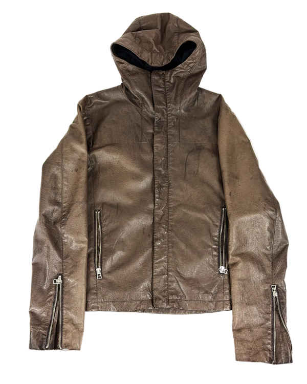 Hooded leather zip-up jacket, dark brown front with two side zippers and drawstring