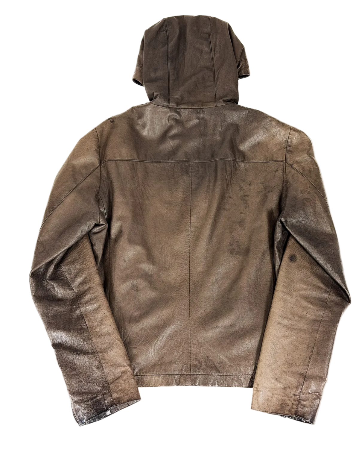 Hooded leather zip-up jacket, dark brown back view with center seam and two sleeve zippers