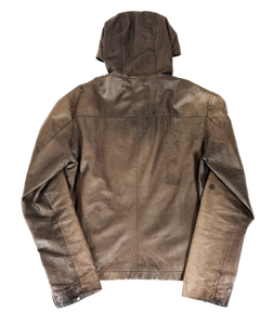 Hooded leather zip-up jacket, dark brown back view with center seam and two sleeve zippers