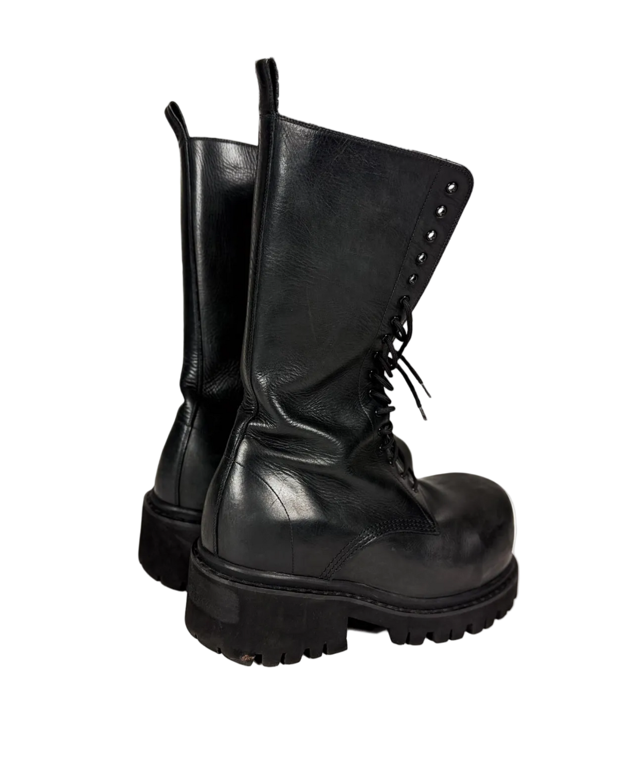 Leather high boots, black, lace-up with thick tread sole and side eyelets