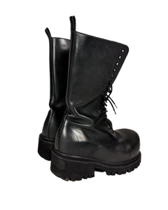 Leather high boots, black, lace-up with thick tread sole and side eyelets