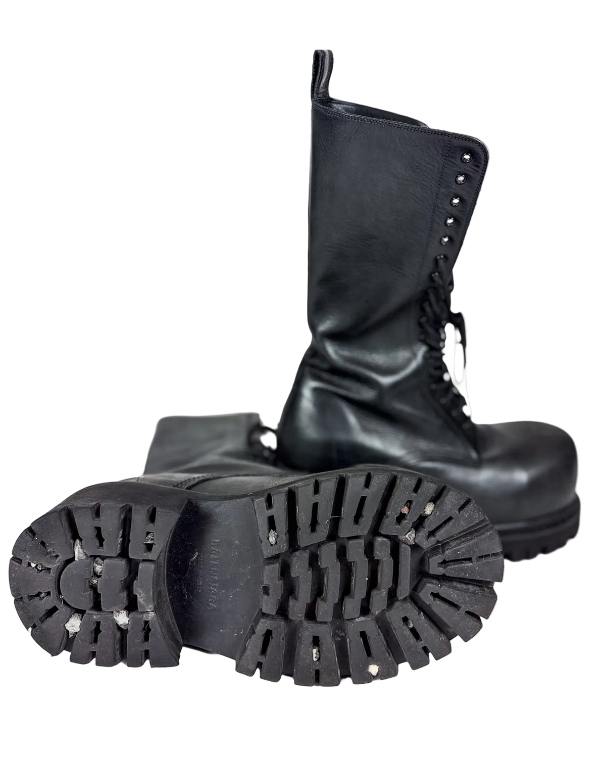 Leather high boots, black, rugged tread outsole with side lace-up eyelets