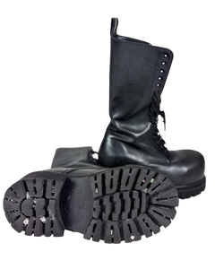 Leather high boots, black, rugged tread outsole with side lace-up eyelets