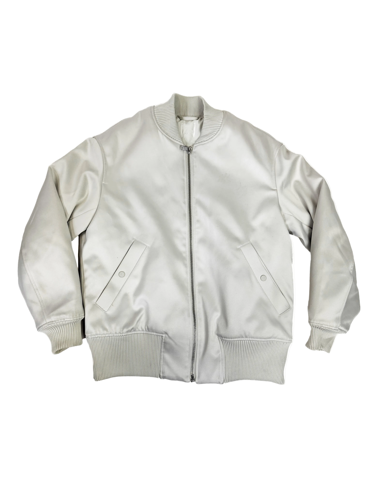 Ivory bomber jacket with front zipper, ribbed cuffs, and two flap pockets