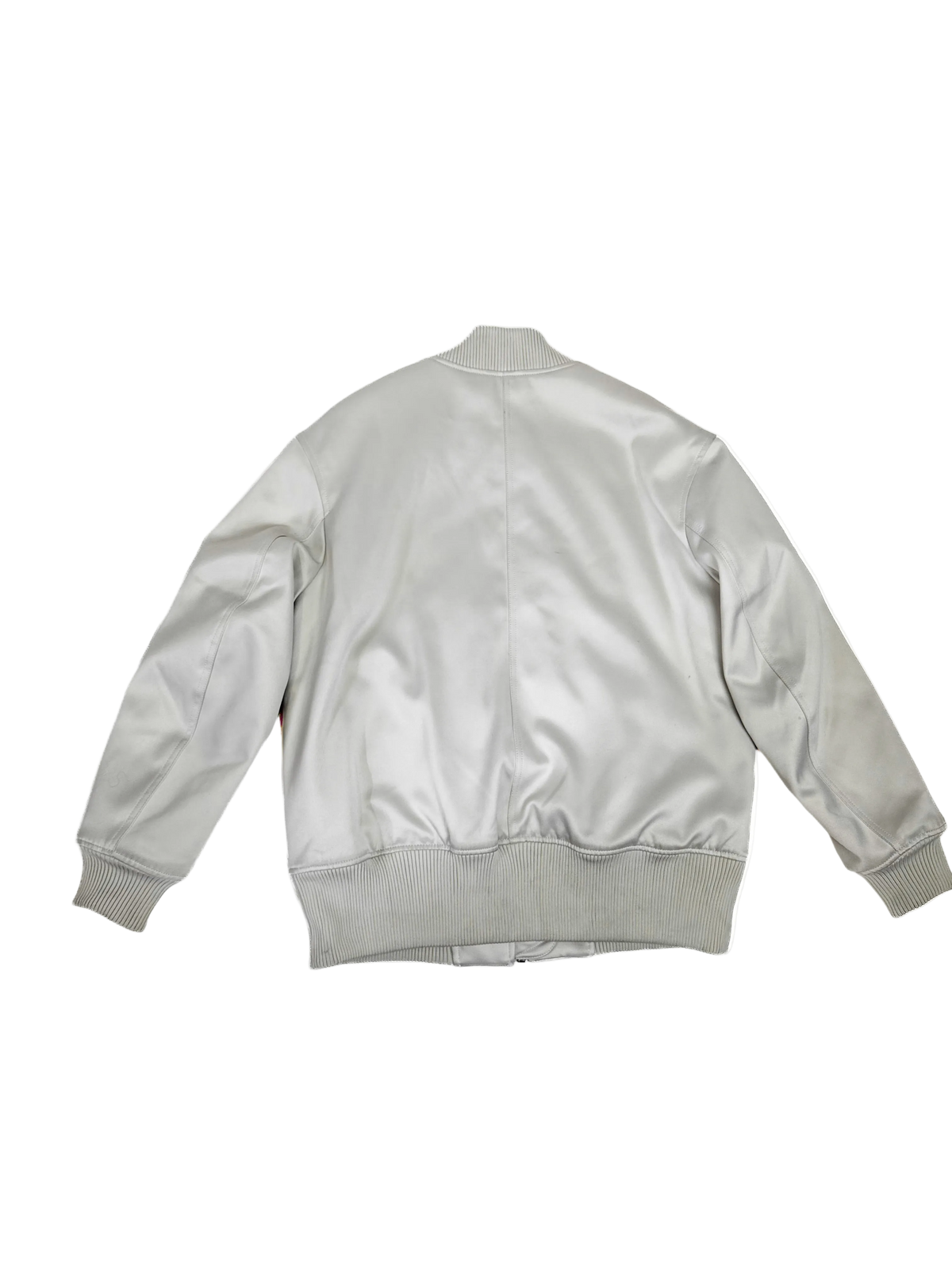 Ivory bomber jacket, ribbed knit cuffs and hem, zip-back yoke, back view