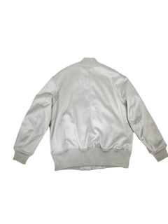 Ivory bomber jacket, ribbed knit cuffs and hem, zip-back yoke, back view