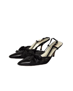 Miu Miu black textured slingback kitten heels with bow and decorative straps