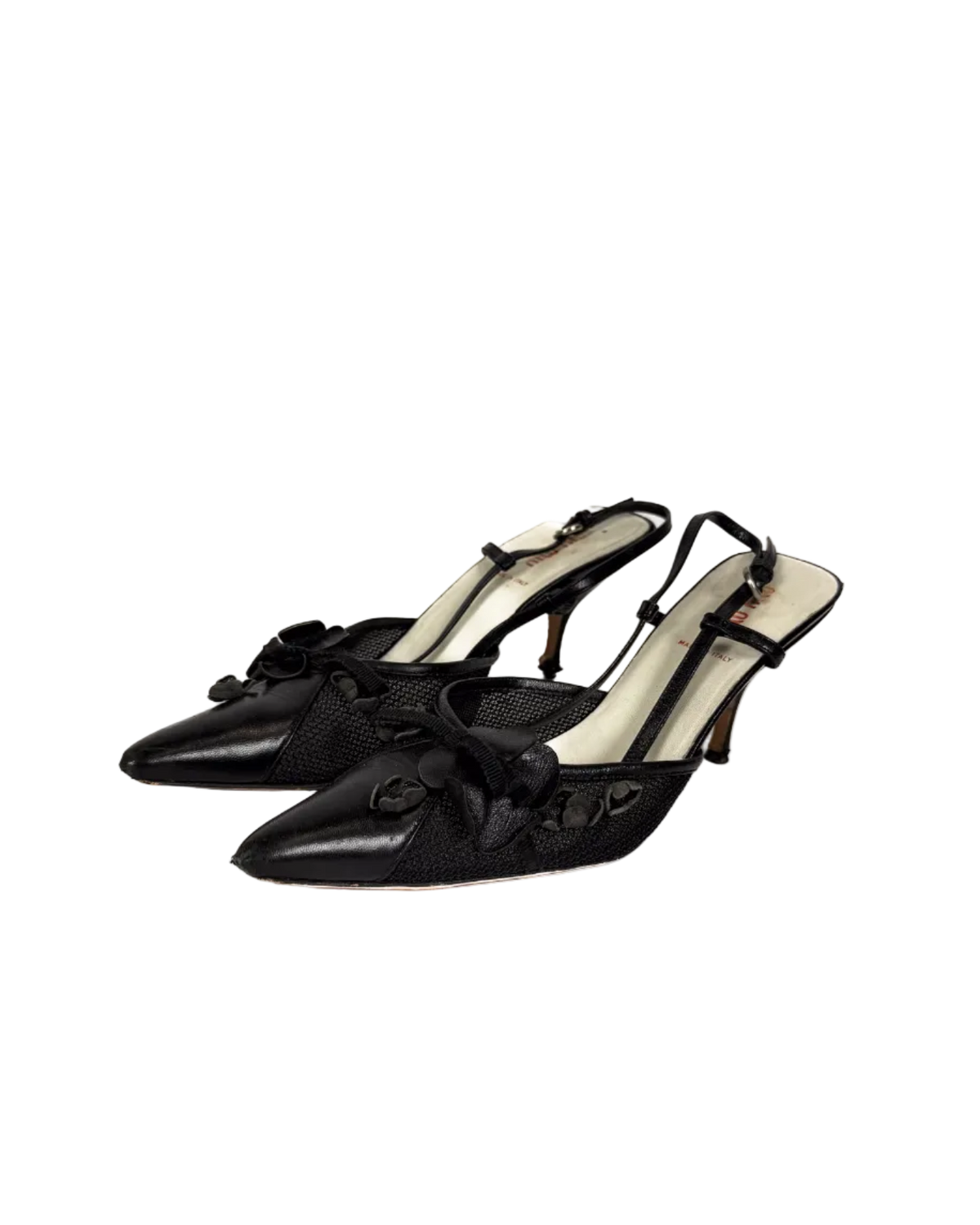 Miu Miu black textured slingback kitten heels with bow and decorative straps