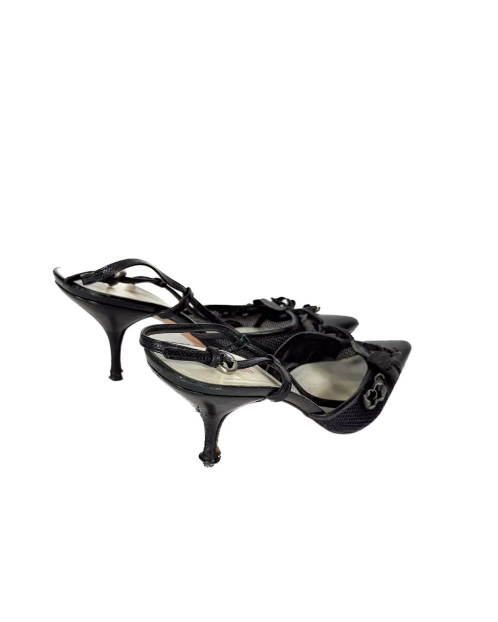 Miu Miu black strappy kitten heels with bow at toe and pointed slingback