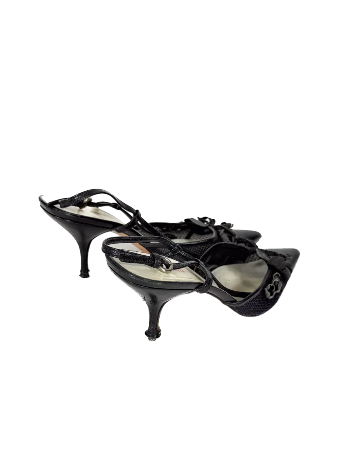 Miu Miu black strappy kitten heels with bow at toe and pointed slingback