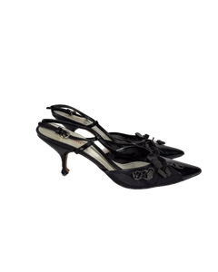 Miu Miu black slingback kitten heels with pointed toe and bow detail