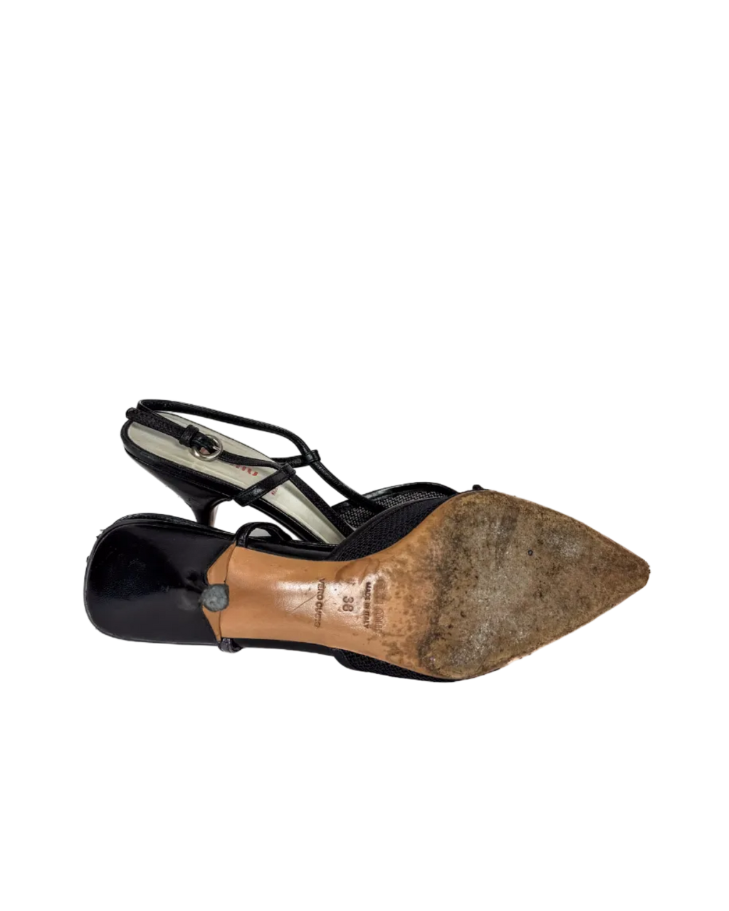 Miu Miu black kitten heels with pointed toe, slim straps, low metal heel