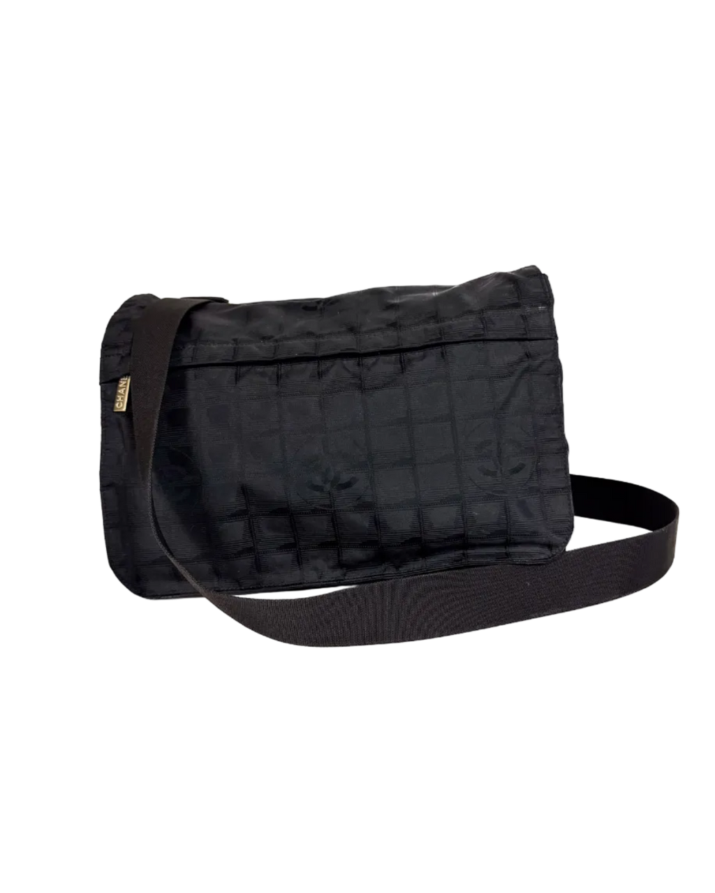 Chanel dark nylon messenger bag with adjustable shoulder strap, flap and zipper