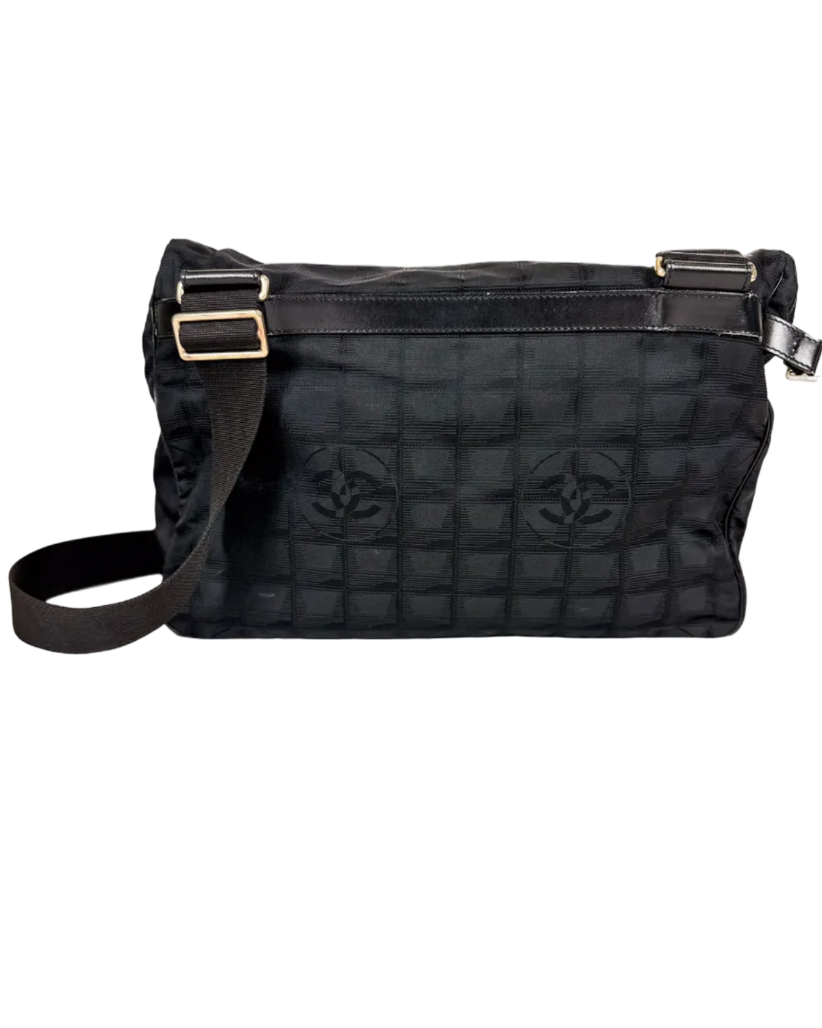 Chanel dark nylon messenger bag with front logo pattern, gold-tone buckles and zipper