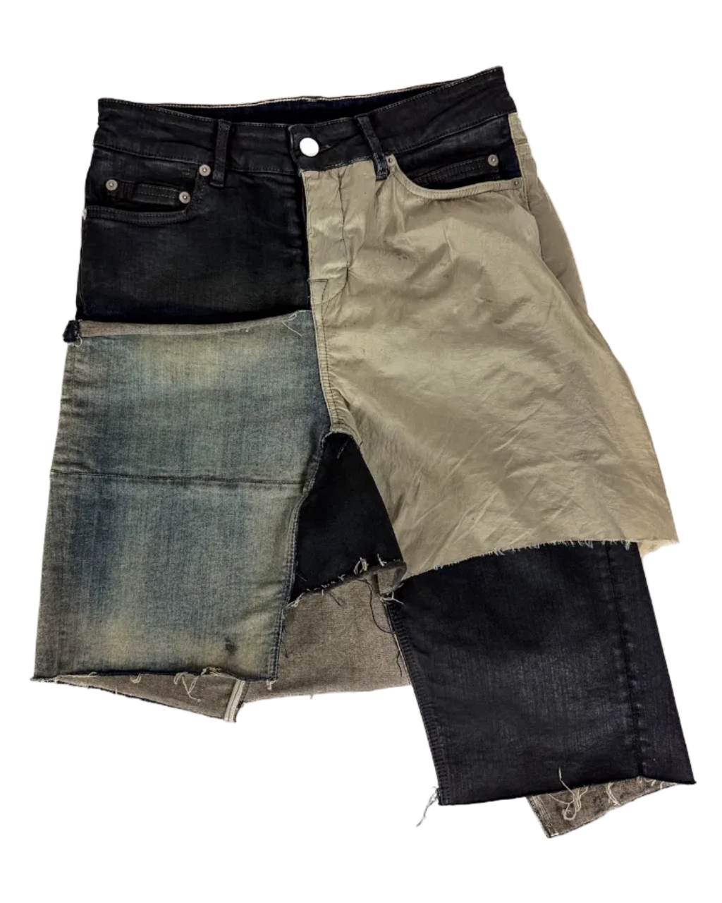 Layered patchwork denim skirt in black, beige, and light blue with frayed raw hem