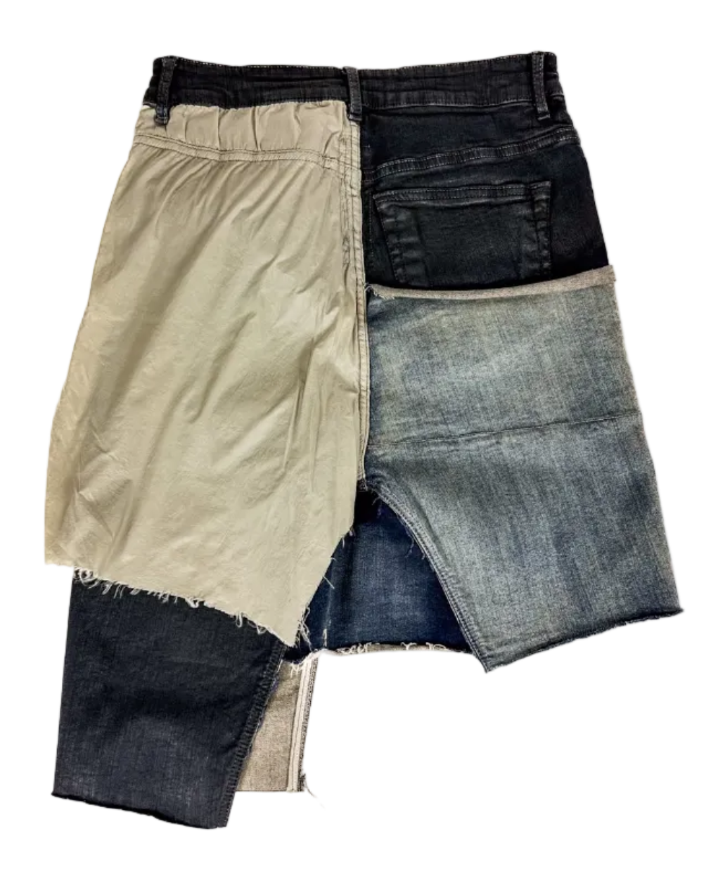 Patchwork denim skirt with beige and dark blue panels, raw edges, front button closure