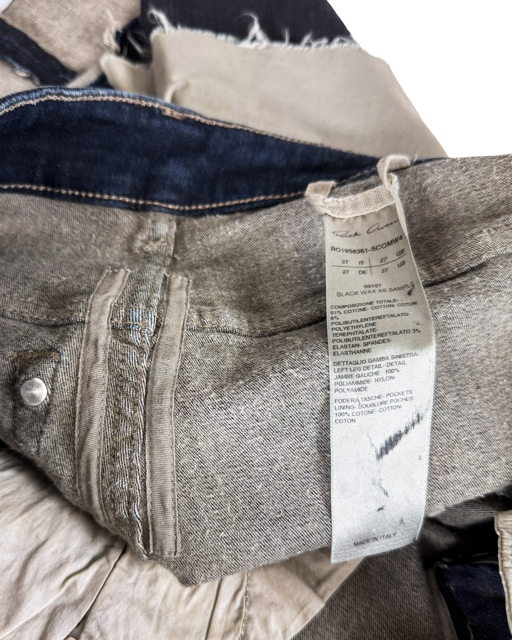 Denim skirt interior label with size and fabric care details