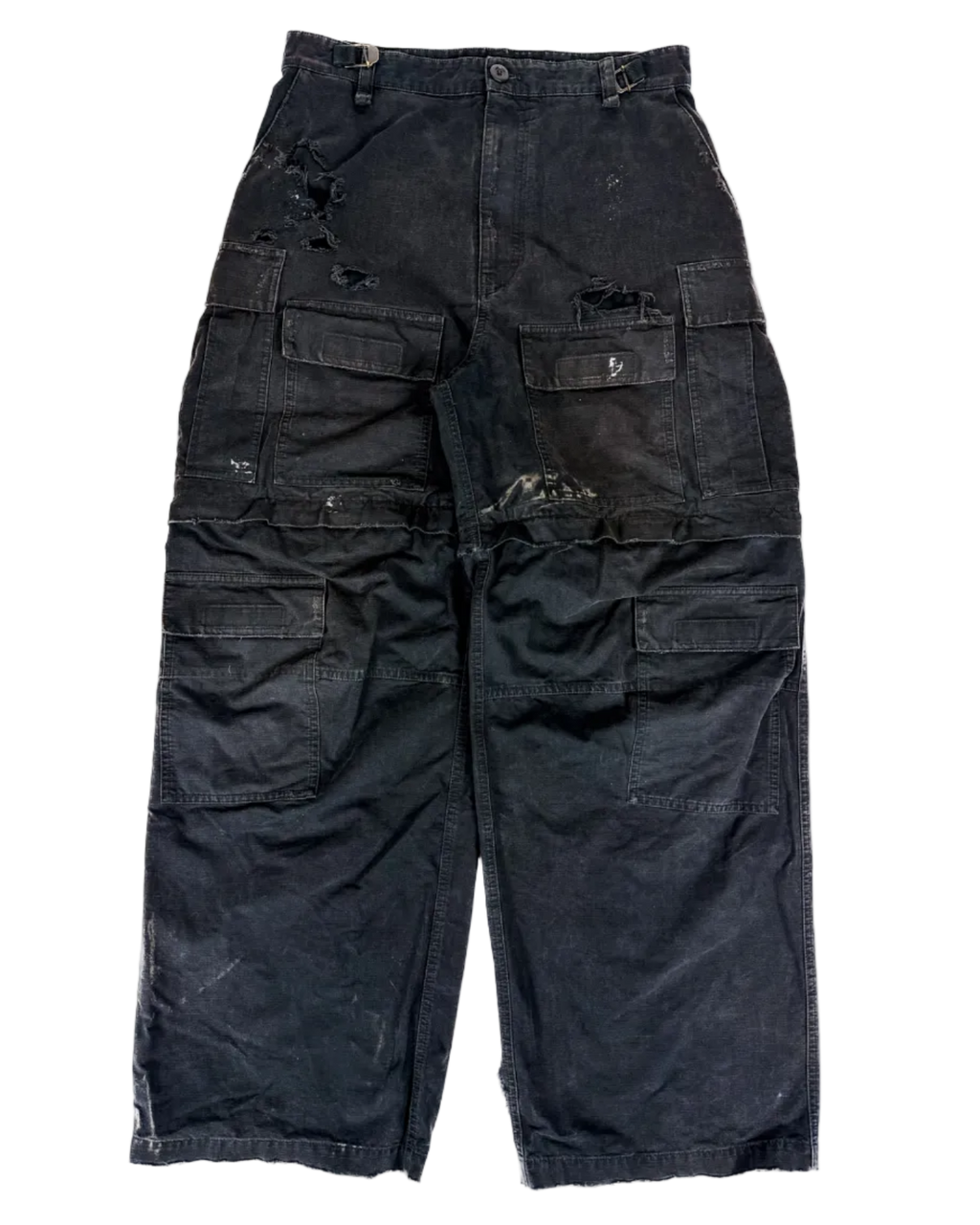 Distressed cargo pants, dark gray with cargo pockets and seam detail