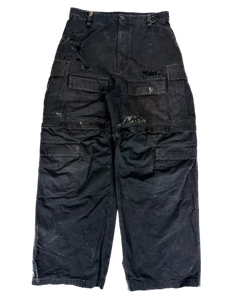 Distressed cargo pants, dark gray with cargo pockets and seam detail