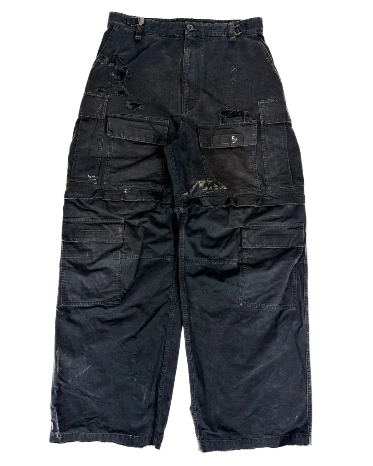 Distressed cargo pants, dark gray with cargo pockets and seam detail