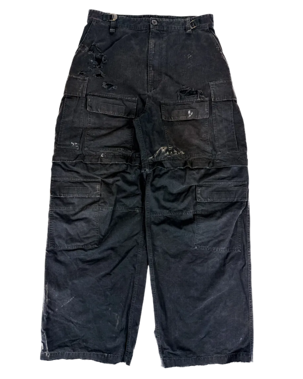 Distressed cargo pants, dark gray with cargo pockets and seam detail