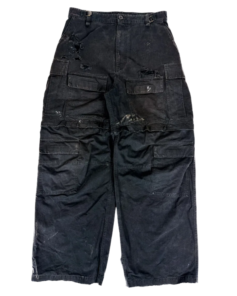 Distressed cargo pants, dark gray with cargo pockets and seam detail